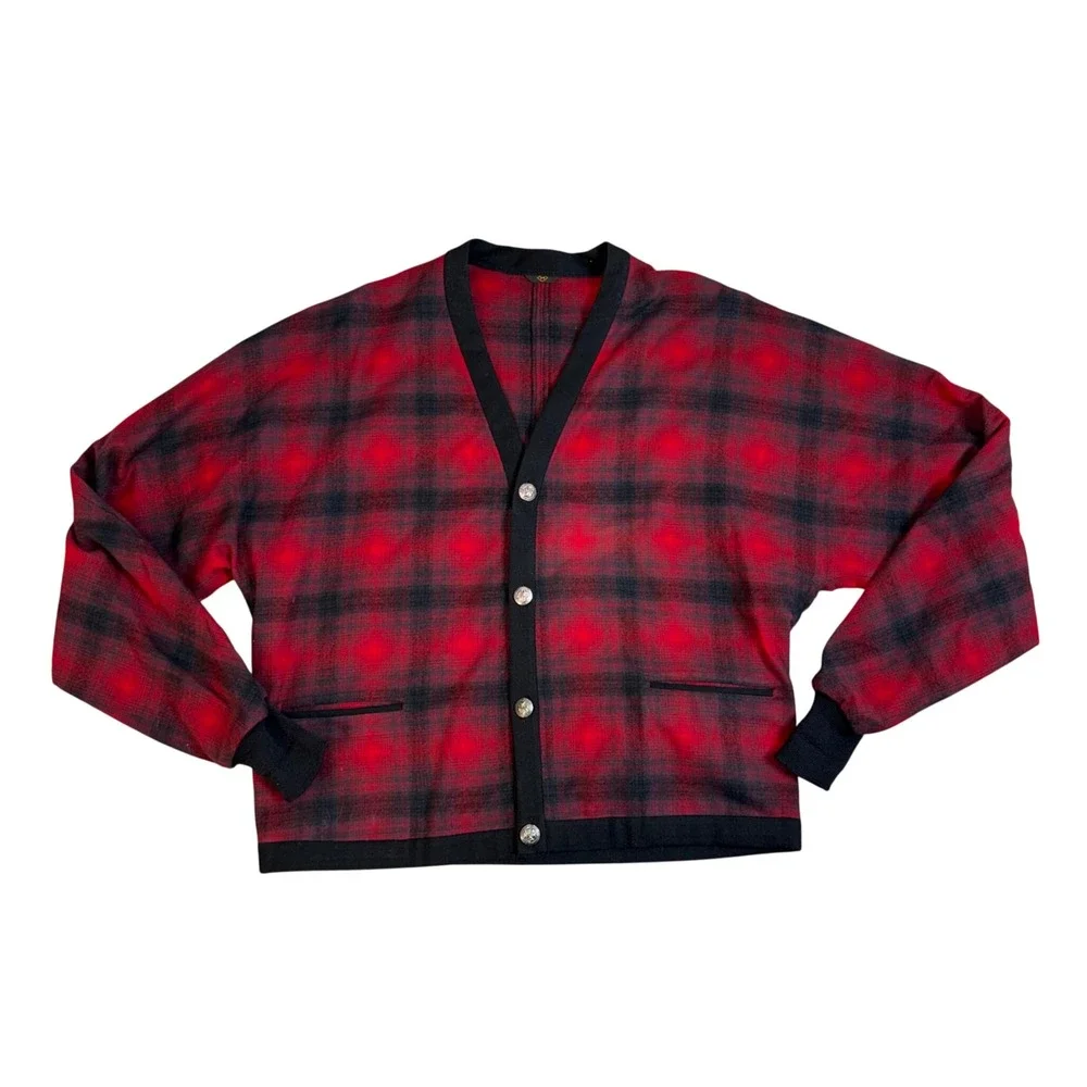 Pendleton Cardigan Mens Medium Red Black Excellent Wool Shadow Plaid Vintage